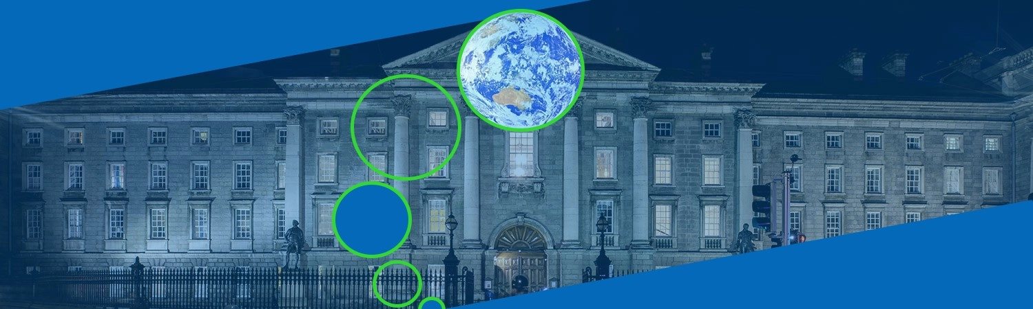 Trinity Front Entrance with graphic detail of Circles moving up to globe at top of image.