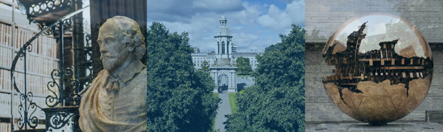 A collage of photos of Trinity College Dublin including Front Square, the sphere within sphere outside the library and the a statue in The Long Room