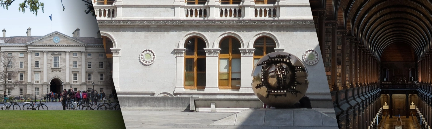 Images of the front buildings of Trinity College Dublin along with the Long Room Library and the Pomodoro sculpture