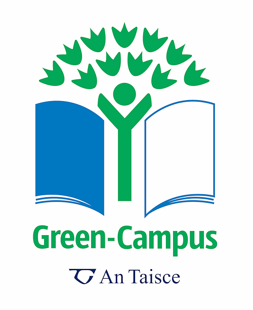 Green leaves with a green figure over a blue and white open book with text that says Green Campus An Taisce
