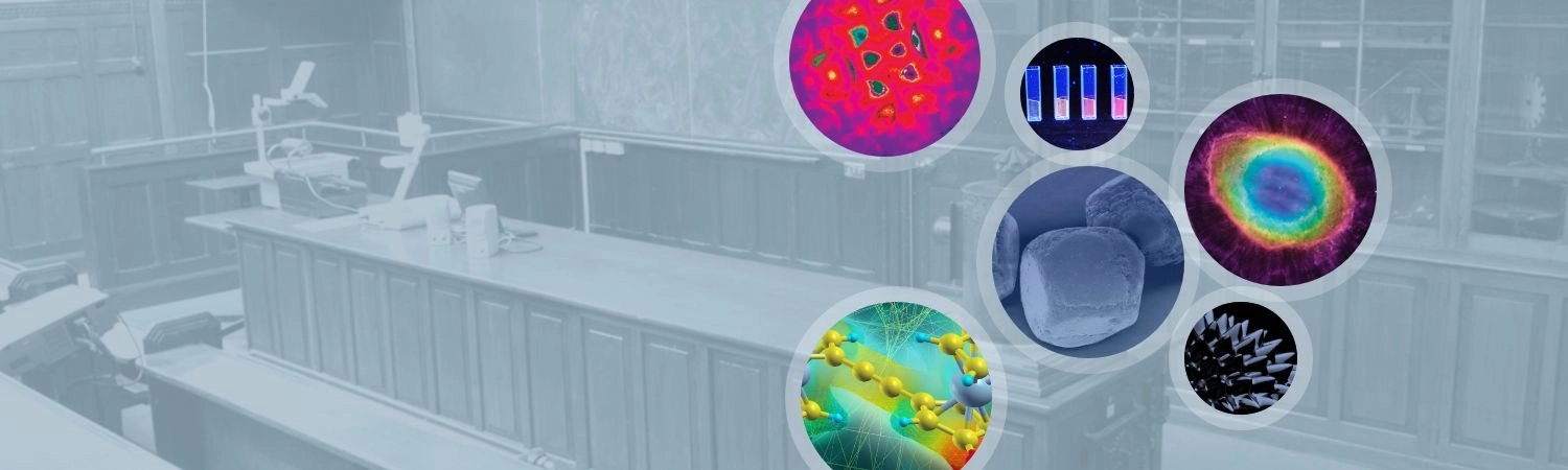 An image of the Physics Lab with 6 images representing research areas