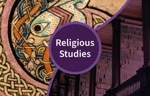 Religious Studies TCD with an image of the Book of Kells, and the Long Room Library TCD