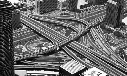 Overhead of Sheikh Zayed Motorway Interchange in Dubai.